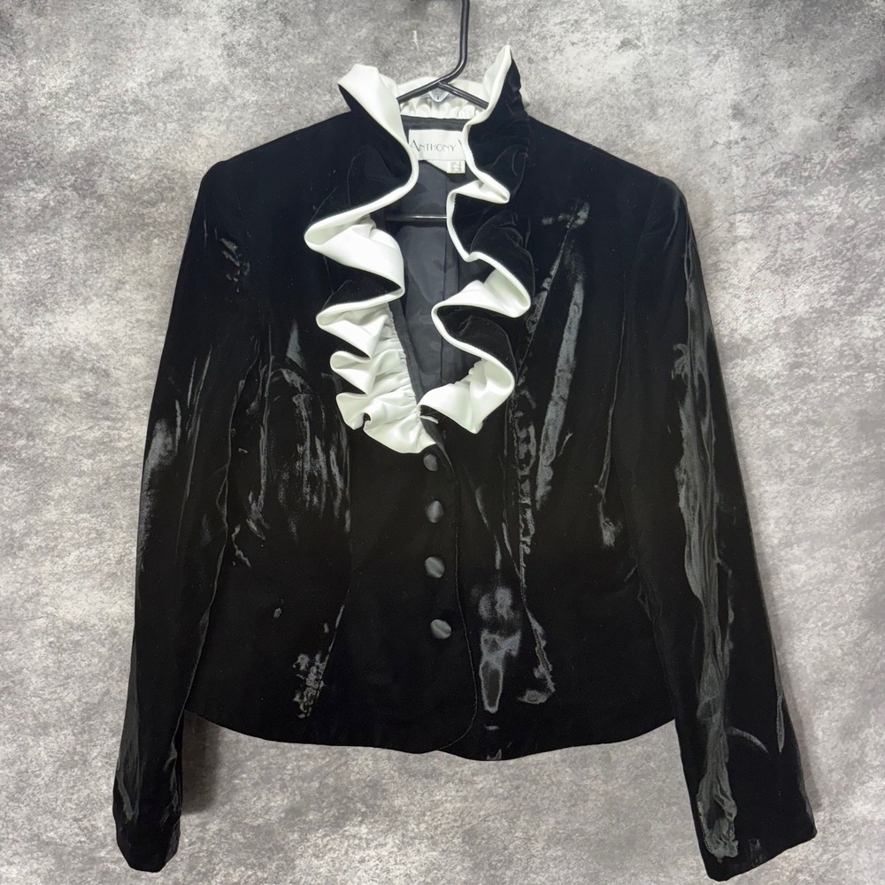 VTG Anthony Vask Velvet Ruffle Collar Blazer Sz 8 Black Victorian Pirate Lolita